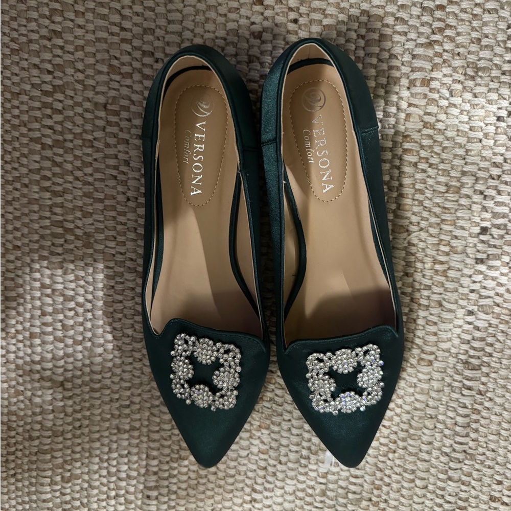 Versona Dark Green Flats with Pearl Detail